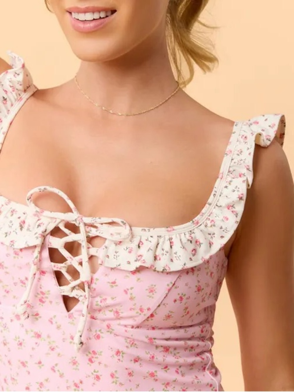 Blogilates Women's Ruffle Lace Up Tank Top, XS- Pink Floral